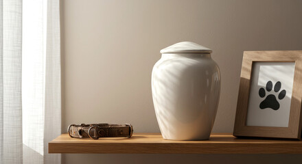 Elegant pet memorial scene with white urn and framed paw print in calm interior light