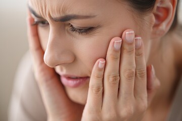 Woman with hand to cheek experiencing toothache or facial pain