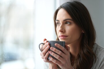 Woman holding a cup of coffee, looking out a window, contemplative mood