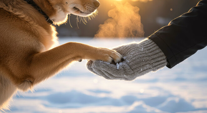 Close-up of human and dog shaking paws outdoors on snowy evening with warm sunlight