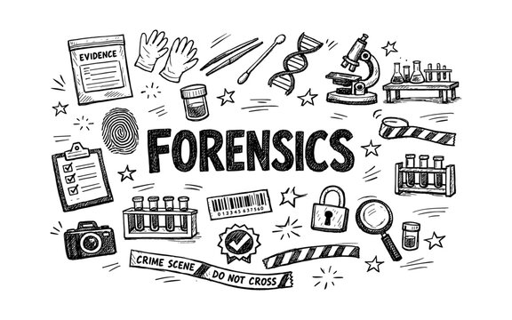 Doodle illustration of forensic science tools and concepts for investigation