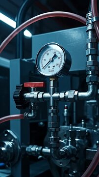 Industrial Pressure Gauge and Plumbing System Close Up