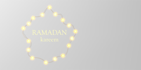 Star moon light garland wreath, fairy bulbs vector holiday card. Ramadan Kareem typography in shiny border. Wired lamps glow around text, glitter ribbon ornament. Bright lightbulbs, star chain flatlay