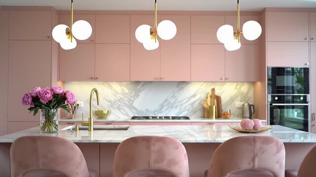 Sunny modern pink kitchen featuring marble backsplash, gold fixtures, and velvet pink bar stools under warm pendant lighting