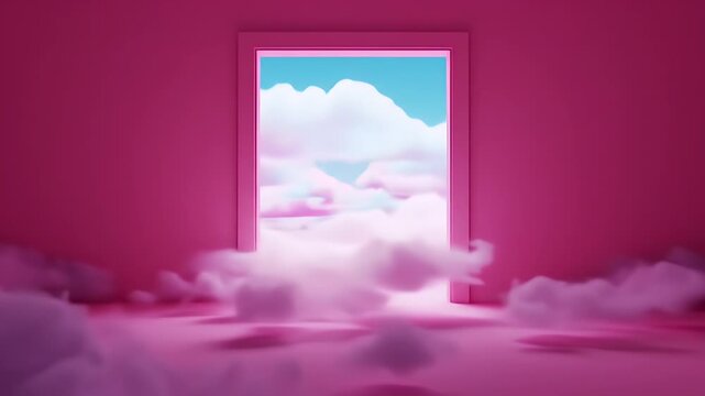 Surreal Magenta Room Enveloped in Fog With An Open Doorway Revealing Sky