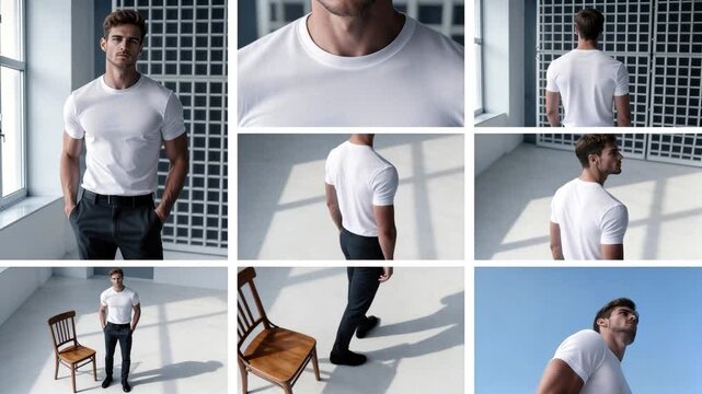 Collage of a handsome athletic male model in a fitted white crew-neck t-shirt and black trousers, shown from multiple angles in a bright minimalist studio with each frame showing different transitions