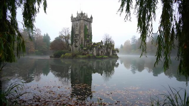 Towered stone castle on a misty island in a calm lake framed by weeping willows and autumn trees