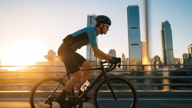 A male cyclist wearing a blue and black outfit riding a bike on a road with a cityscape and sunset in the background. Perfect for sports, fitness, and transportation images.