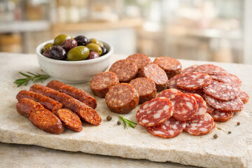 Mediterranean Charcuterie Board With Salami Slices And Mixed Olives On Stone