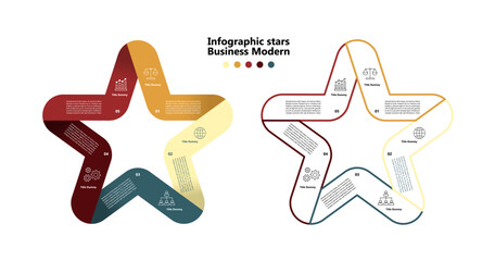 Infographic star chart template with 5 steps and options. Modern, simple star infographic with 5 options for business presentations or visual communication. 5 parts. Vector editable eps.