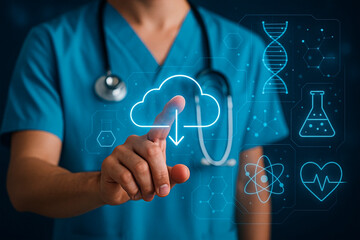 A healthcare professional interacting with a cloud computing interface for medical data