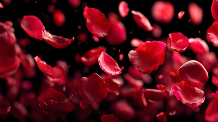 Red rose petals flying on beautiful black background. Valentines day, Mother day, spring, summer, blossom background. Seamless looping 4k