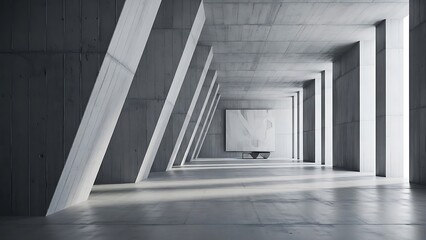 Obraz premium Concrete Corridor with Angled Support Beams and Artwork at the End