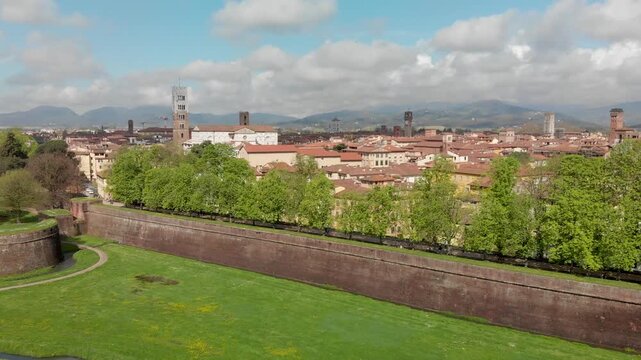 Aerial view of Lucca, Tuscany. Medieval town from outside the old city walls