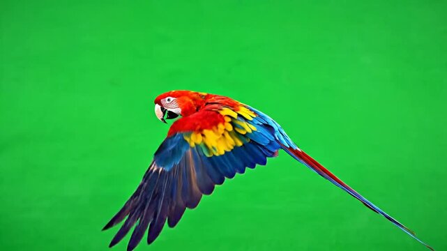 Scarlet macaw flying on green screen background animation for VFX and compositing