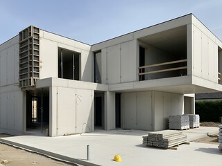 Modern residential construction site with concrete panel system framework