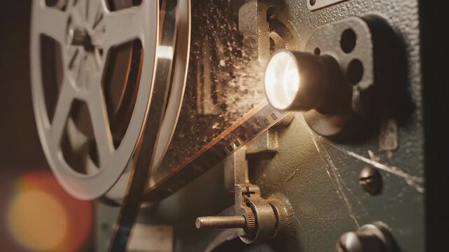 Vintage film projector casting light beam with illuminated dust particles, classic cinema experience