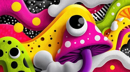 Surreal 3D illustration of a psychedelic mushroom character. Colorful abstract background with vibrant patterns and textures. Modern pop art fantasy concept