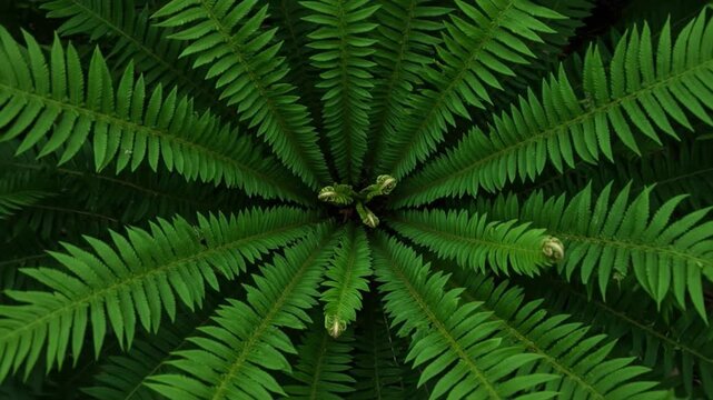 Close-up of lush green fern leaves arranged in a circular pattern on a dark background. Perfect for backgrounds, textures, and nature-inspired designs.