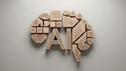 Artificial intelligence concept represented by a wooden brain model with AI letters on a gray background