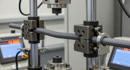 Closeup of industrial tensile strength test on ribbed steel rebar using hydraulic universal testing machine with digital control gauges in materials engineering laboratory