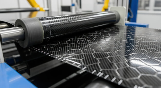Carbon fiber composite sheet with hexagonal pattern passing through industrial roller machine in modern manufacturing facility focused on advanced lightweight material production