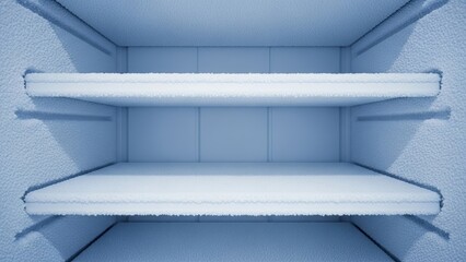 Fototapeta premium Empty freezer interior completely covered with heavy white frost and ice on shelves