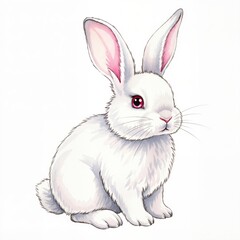 Obraz premium Cute white rabbit sitting isolated on white background. Hand drawn bunny illustration for Easter holiday. Watercolor style animal portrait