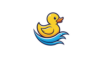 Fototapeta premium A yellow rubber duck floating on calm blue water from a side viewpoint