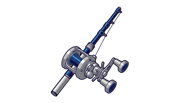 Fishing reel with spinning rod on a white background