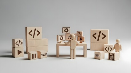 Developers working collaboratively on coding project at workspace surrounded by coding symbols and wooden blocks