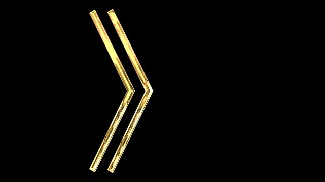Gold closing double angle brackets, light reflecting and patterns shifting, alpha channel