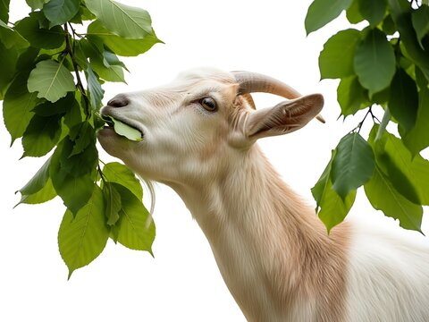 Goat eating leaves from a tree branch on a bright white background
