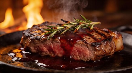 Professional commercial art of grilled steak with rosemary and red wine reduction sauce, savory stea