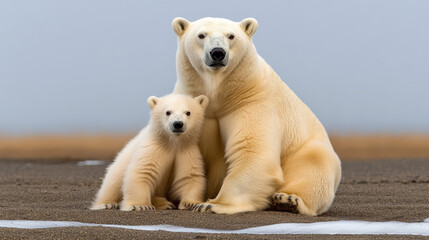 Polar bear mother and cub resting on the shore in a chilly environment by the sea during daytime