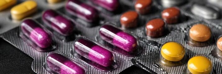 Colorful Capsules and Tablets Arranged Neatly on a Blister Pack in Close-Up View