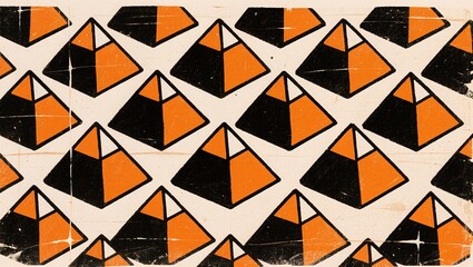 Abstract geometric pattern of repeating pyramids. Retro vintage style background in orange and black. Seamless textured graphic design
