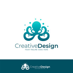 Big octopus logo and blue ocean waves. marine life logos