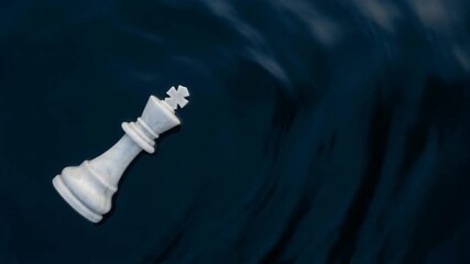 A white chess king piece falling or tilting against a dark blue, swirling background, symbolizing defeat or strategic challenge. - Powered by Adobe