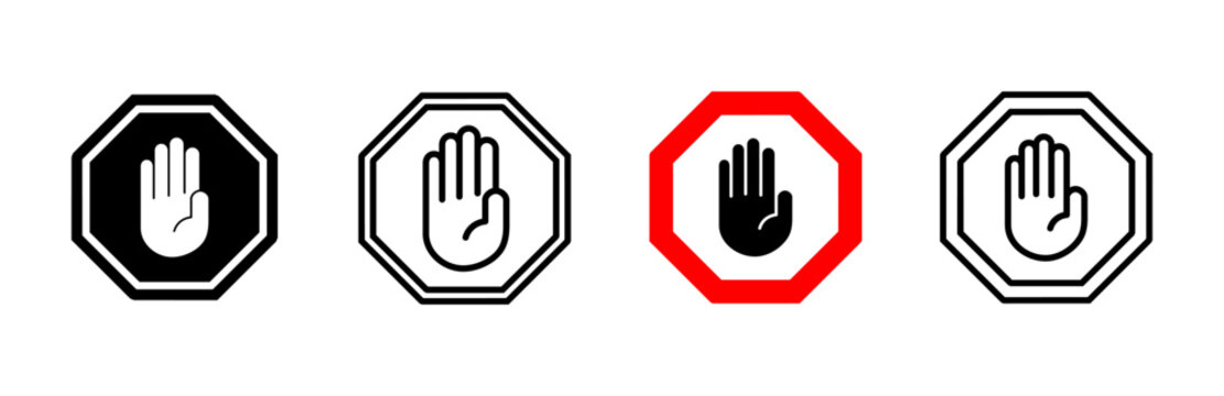 Stop icon set. stop road sign. hand stop icon vector