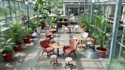 modern indoor garden space with yellow sofa, plants, and office views | wellness, corporate, hospitality, modern living, nature theme