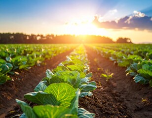 cabbage plantations grow in the field. vegetable rows. farming, agriculture. 
