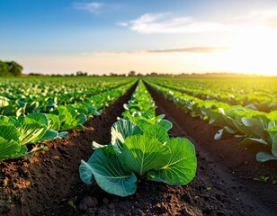 cabbage plantations grow in the field. vegetable rows. farming, agriculture. 