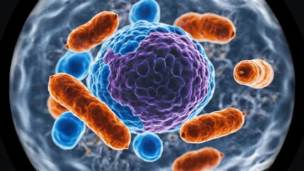 Detailed microscopic 3D rendering of a human or animal cell with nucleus mitochondria and various organelles illustrating cellular biology potential infection or disease processes within a living org. - Powered by Adobe