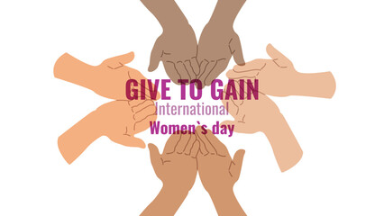 Give To Gain International Women Day Equality Through Generosity empower. Generosity as a path to gender equality. For ads web design marketing, and social campaigns. vector illustration.