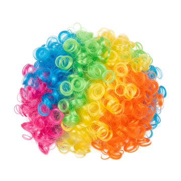 A colorful clown wig with vibrant, curly hair Isolated on White background