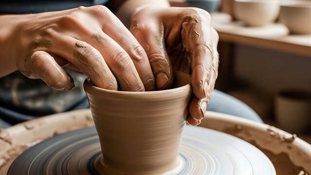 Hands shaping clay on a spinning pottery wheel creating handcrafted art