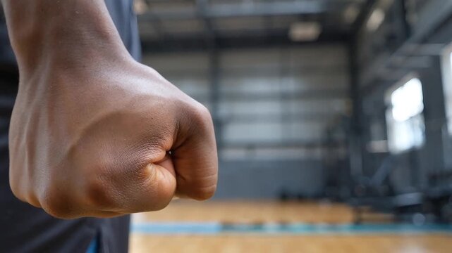 Strong clenched human fist with determined mood representing strength and willpower in blurred modern fitness gym interior background with exercise equipment and wooden floor