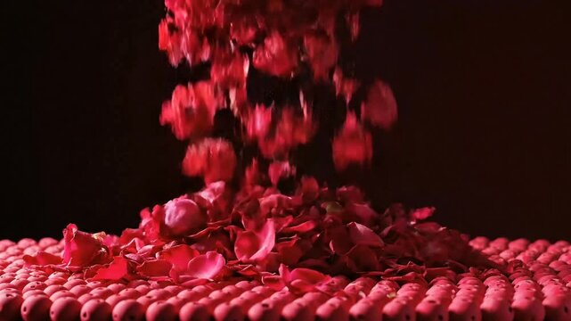 Red rose petals falling onto a textured surface, creating a romantic and luxurious scene.