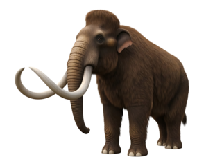A majestic woolly mammoth standing in a serene landscape, viewed from the side.